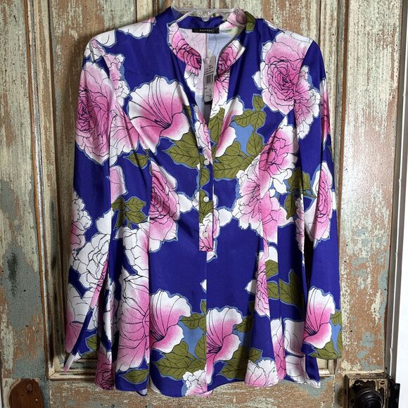 Natori Garden  Blossom S Long Sleeve Blouse 1/2 Button Purple Pink Floral NWT - Picture 1 of 9